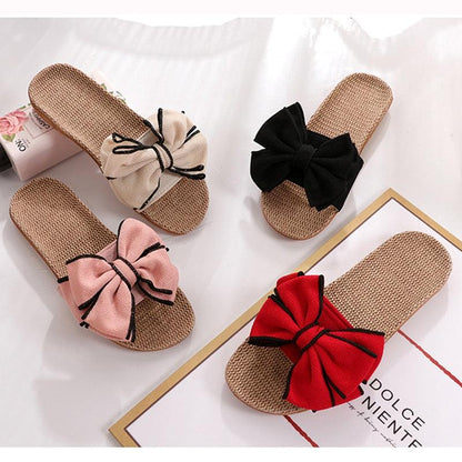 Stevvex women's linen bow slides four colors beige pink black red casual beach sandals on Tampa Home & Garden Store