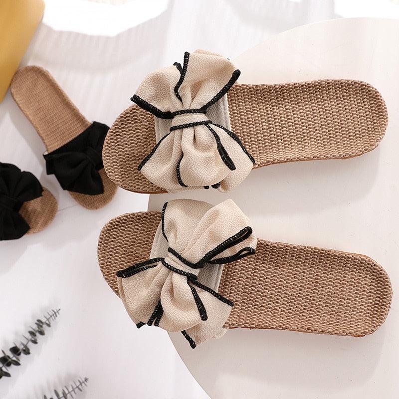 Stevvex women's linen bow slide sandals beige and black pair, woven footbed, two pairs shown on Tampa Home & Garden Store