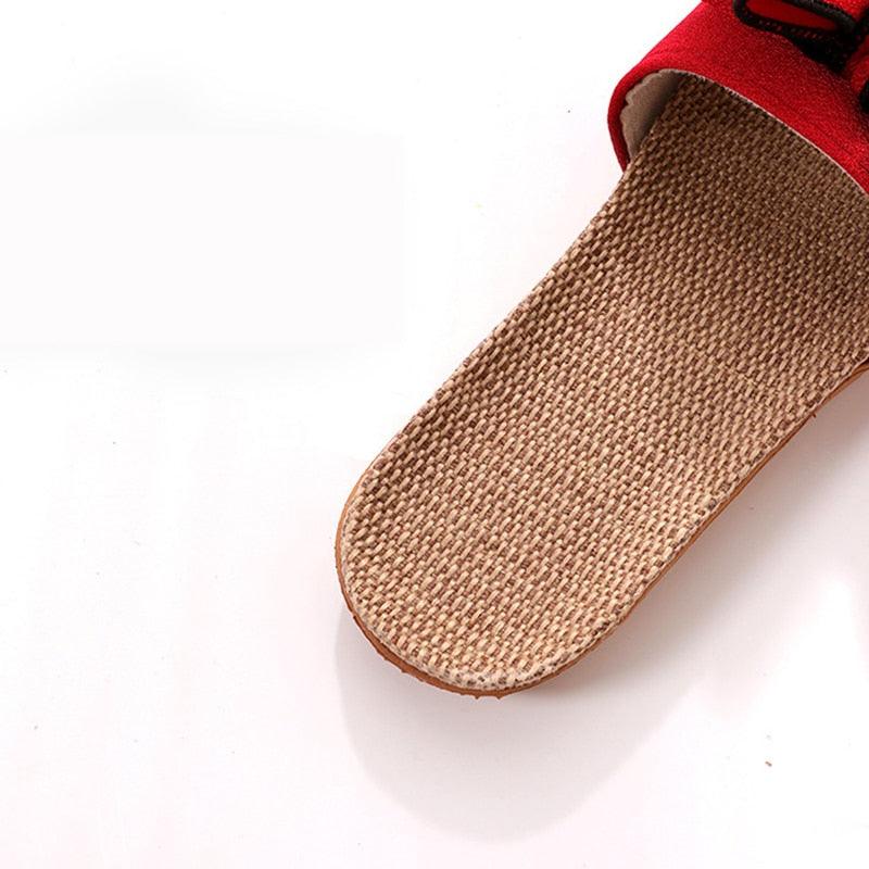 Stevvex women's linen sandals with woven sole and red strap on Tampa Home & Garden Store
