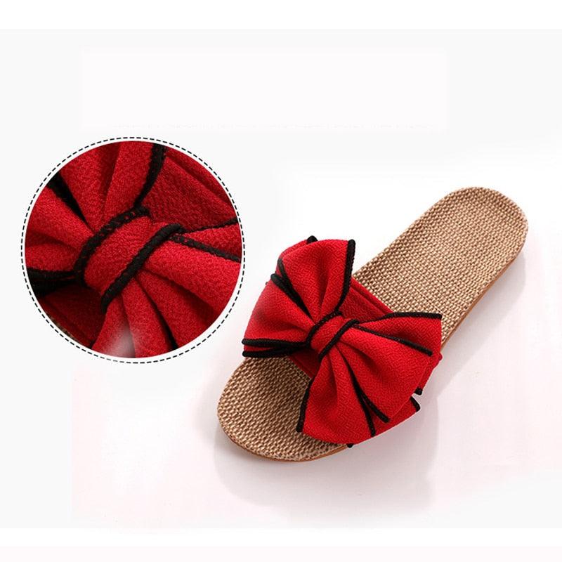Stevvex women's red bow linen slide sandal with woven jute sole on Tampa Home & Garden Store