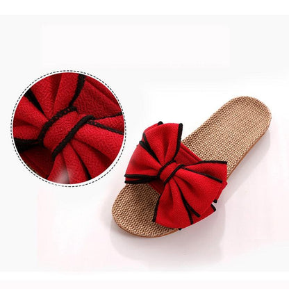 Stevvex women's red bow linen slide sandal with woven jute sole on Tampa Home & Garden Store