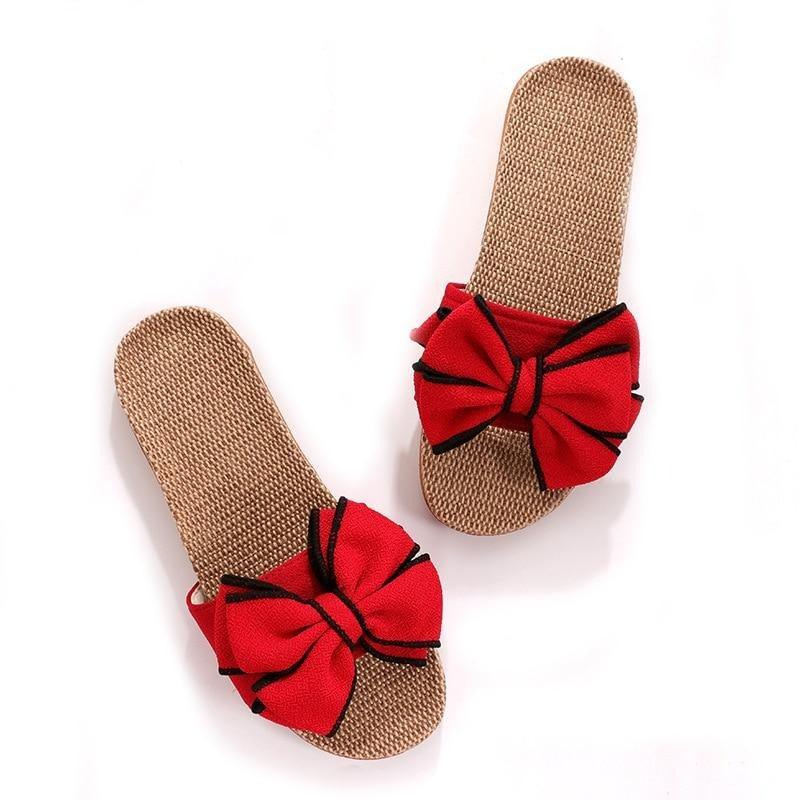 Stevvex women's red bow sandals pair with beige woven footbed on Tampa Home & Garden Store