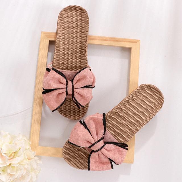 Stevvex women linen bow slides, pink bow on tan woven soles, 2-pack lightweight sandals on Tampa Home & Garden Store