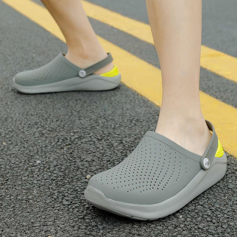 Stevvex women's gray perforated slip-on slippers with back strap and neon yellow heel accent on Tampa Home & Garden Store