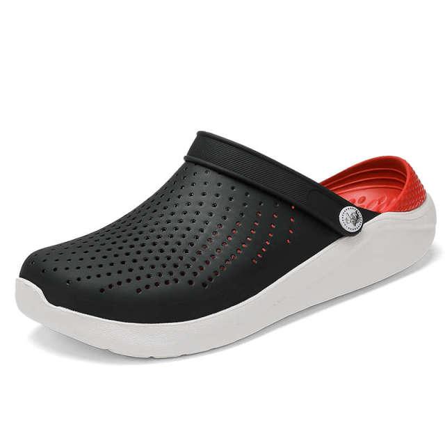 Stevvex women's perforated slip-on sandals with black upper, red interior, white sole on Tampa Home & Garden Store