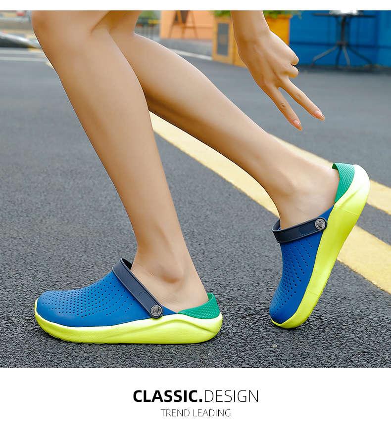 Women's blue perforated beach flip flops by Stevvex with neon lime sole and navy strap on Tampa Home & Garden Store