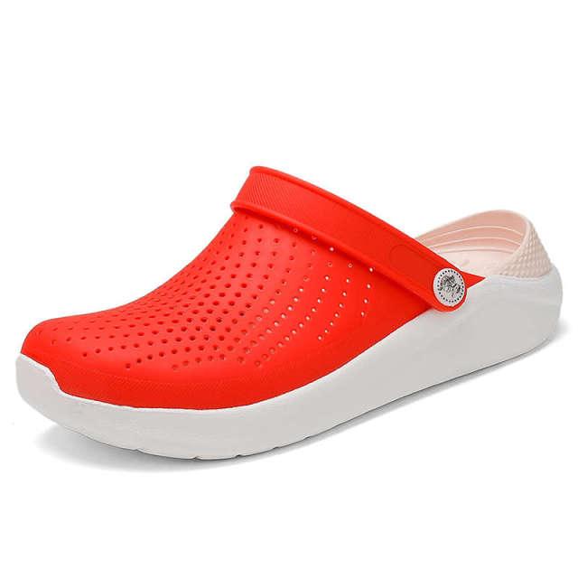 Stevvex women's red perforated slip-on slippers with adjustable strap and white sole on Tampa Home & Garden Store