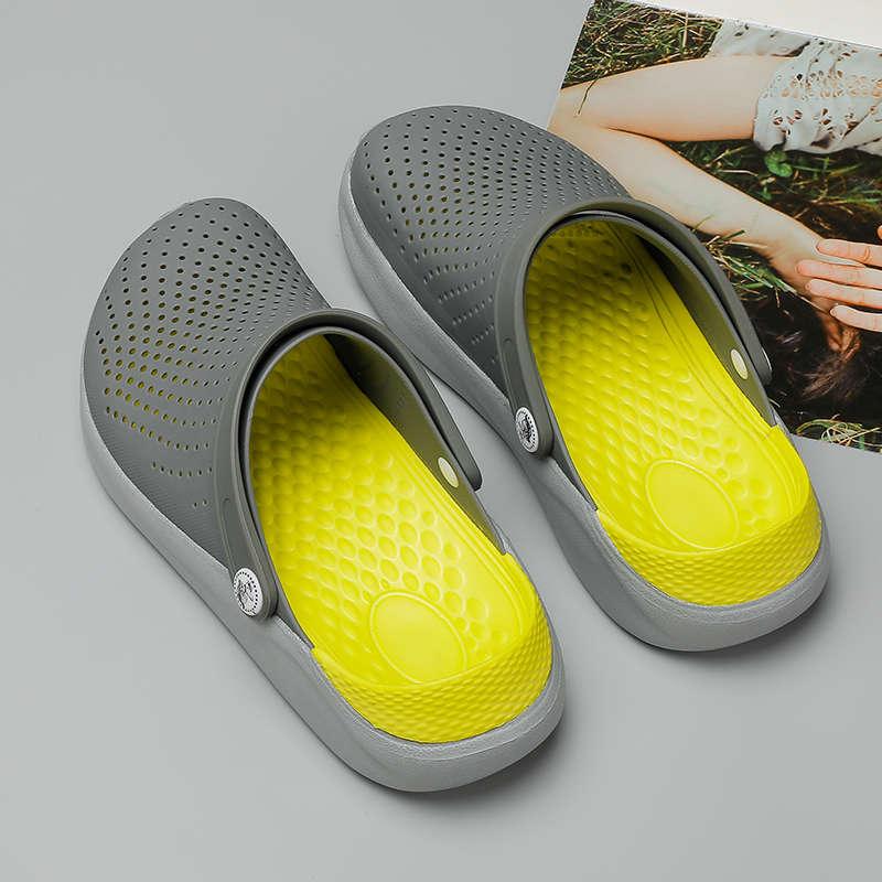 Stevvex women's grey perforated slippers with yellow insole, water-friendly garden sandals on Tampa Home & Garden Store