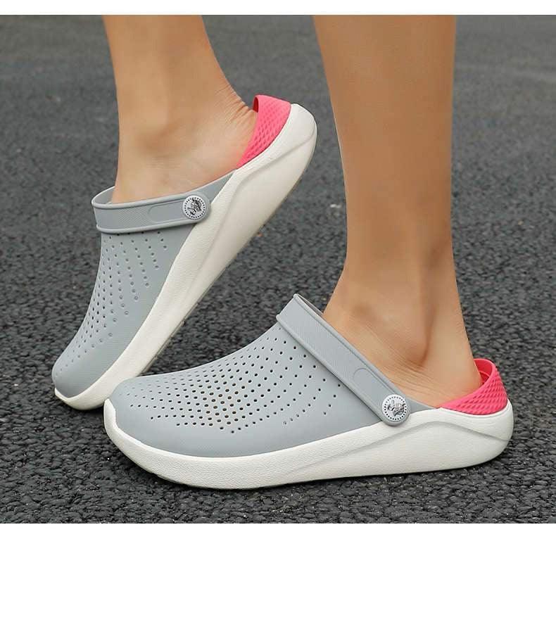 Stevvex women's grey perforated slip-on sandals with pink heel lining and white sole on Tampa Home & Garden Store
