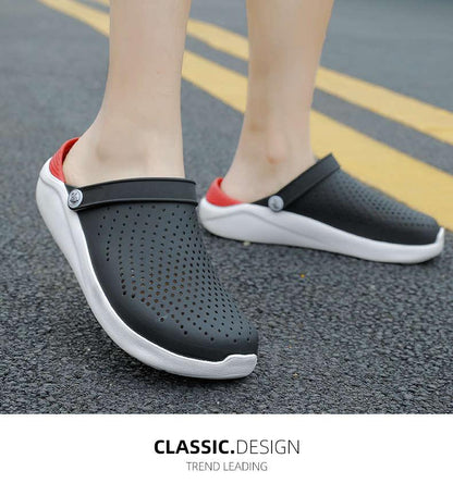Stevvex women's perforated slip-on sandals black upper, red lining, white sole, 1 pair on Tampa Home & Garden Store