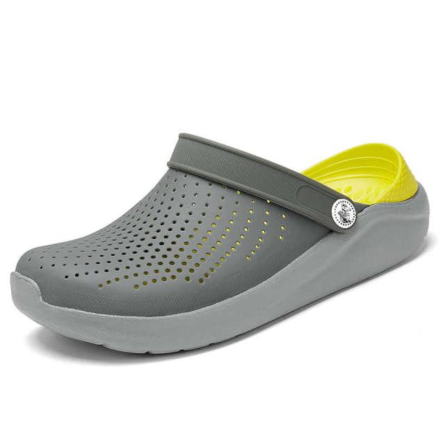Stevvex women's gray perforated slip-on sandals with yellow interior water shoes on Tampa Home & Garden Store