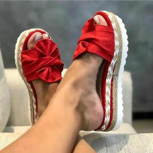 Women red bow-tie platform sandals open-toe with rope-wrapped espadrille midsole by Stevvex on Tampa Home & Garden Store