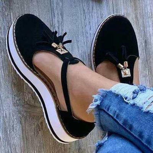 Women platform sandals with buckle strap, black patent upper, chunky white sole, closed-toe design on Tampa Home & Garden Store