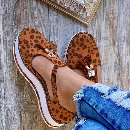 Stevvex leopard print sandals with buckle strap and tassel fringe, platform sole on Tampa Home & Garden Store