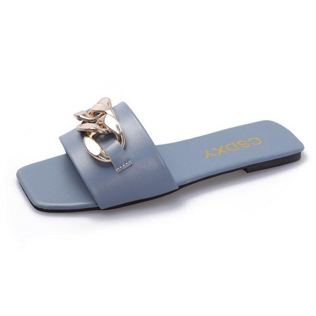 Stevvex blue square-toe chain slide sandal with gold chain strap flat slip-on on Tampa Home & Garden Store