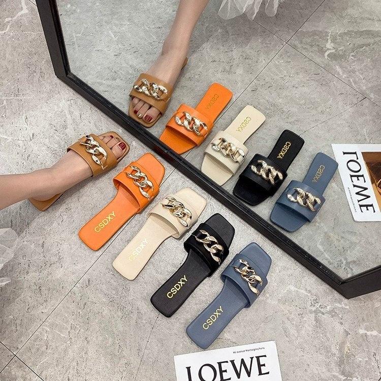Stevvex women square-toe chain slide sandals in assorted colors with metal chain embellishment on Tampa Home & Garden Store