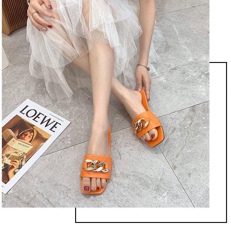 Women's orange square-toe chain slide sandals by Stevvex, open-toe flat slip-ons on Tampa Home & Garden Store