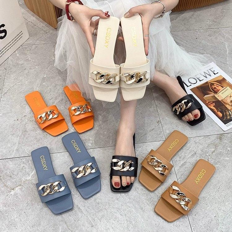 Stevvex women's square-toe chain slide sandals, slip-on with gold chain, 6 colorways on Tampa Home & Garden Store