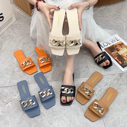 Stevvex women's square-toe chain slide sandals, slip-on with gold chain, 6 colorways on Tampa Home & Garden Store