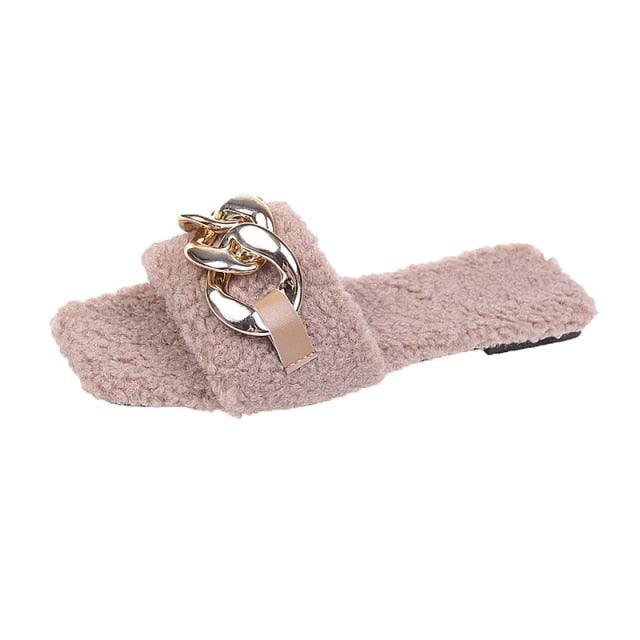 Stevvex fuzzy pink square-toe chain slide sandal, slip-on flat beach sandal with gold chain on Tampa Home & Garden Store