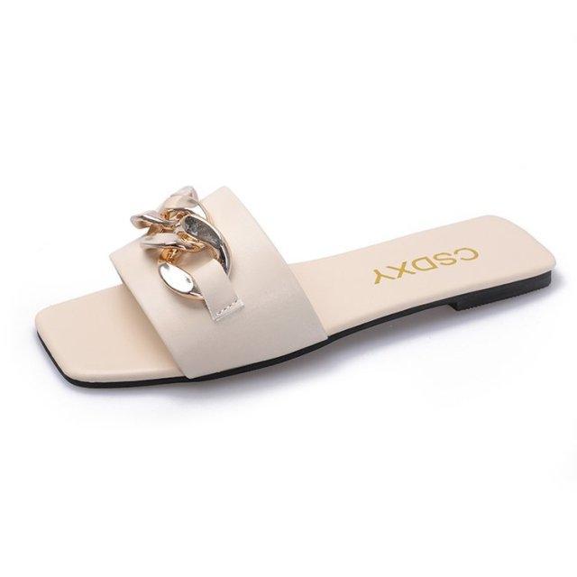 Stevvex women's beige chain-link open-toe square-toe slide sandal, flat slip-on on Tampa Home & Garden Store