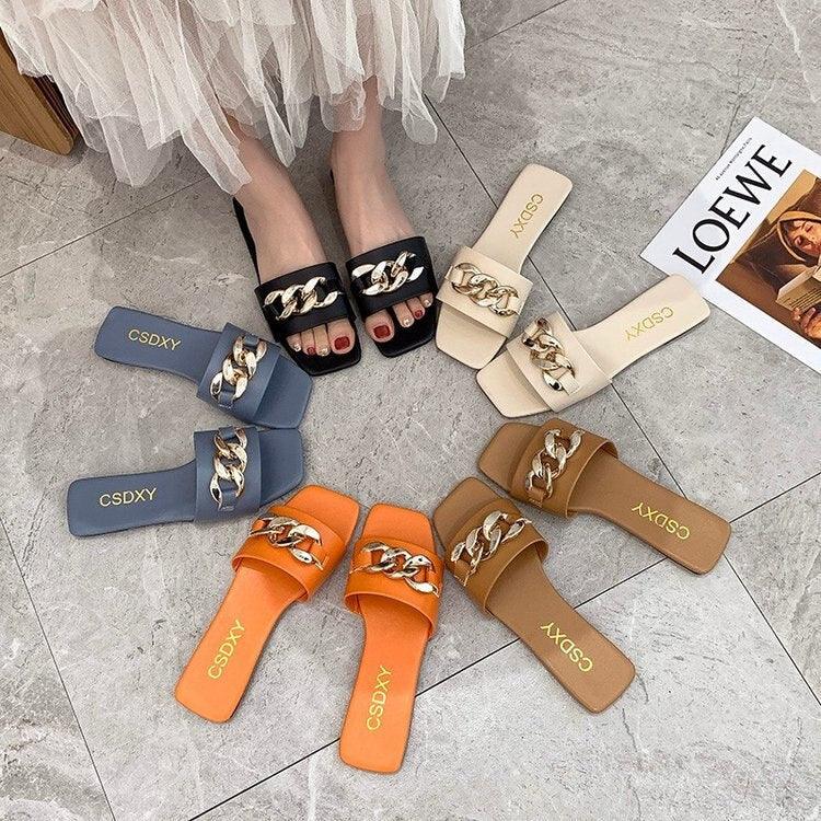 Women square-toe chain slide sandals by Stevvex, set of 6 color options, open-toe slip-ons on Tampa Home & Garden Store