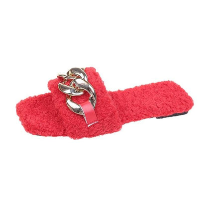 Red fuzzy slip-on sandal with chunky silver chain, square-toe flat slide by Stevvex on Tampa Home & Garden Store