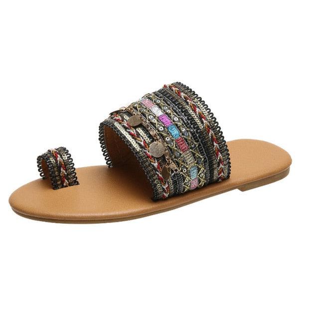 Stevvex women’s flat sandals with multicolor beaded strap, open toe, tan leather sole on Tampa Home & Garden Store