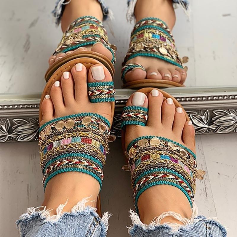 Stevvex women's strappy flat sandals turquoise multicolor embellishments and coin accents on Tampa Home & Garden Store