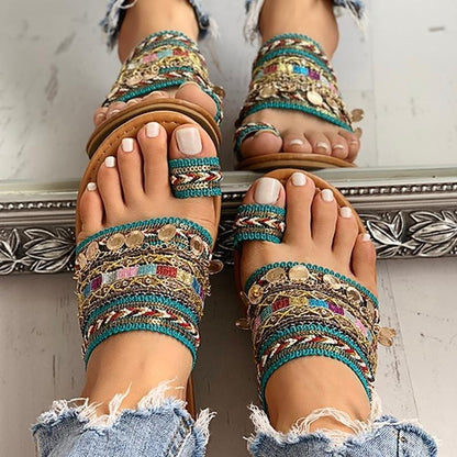 Stevvex women's strappy flat sandals turquoise multicolor embellishments and coin accents on Tampa Home & Garden Store