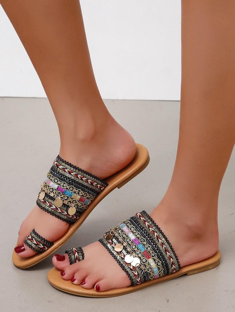 Stevvex women's strappy flat sandals with colorful bands and coin charms on tan sole on Tampa Home & Garden Store