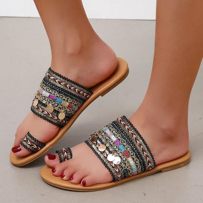 Stevvex women's flat strappy sandals with multicolor woven bands, coin charms, open-toe, tan sole on Tampa Home & Garden Store