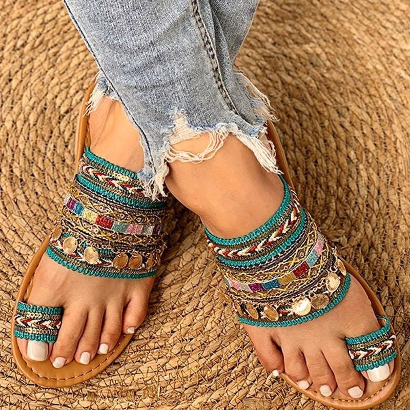 Stevvex women's boho flat sandals with turquoise straps and coin accents, open-toe on Tampa Home & Garden Store