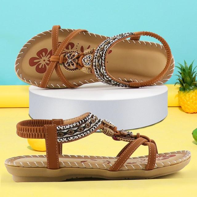 Women Summer Sandals with tan butterfly-knot rhinestones and beaded straps on Tampa Home & Garden Store