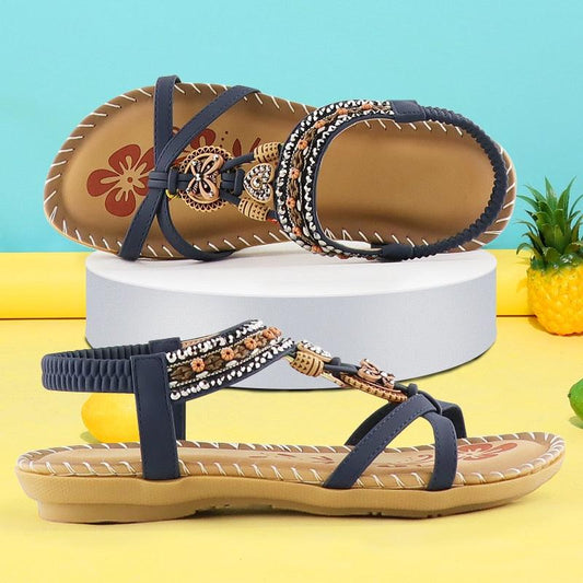Stevvex pair of women sandals with butterfly rhinestones, elastic ankle strap navy beaded slides on Tampa Home & Garden Store