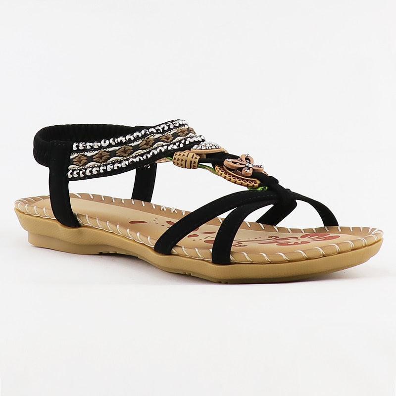 Women’s rhinestone butterfly-knot sandals Stevvex with black elastic ankle strap on footbed on Tampa Home & Garden Store
