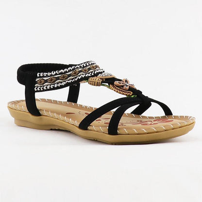 Women’s rhinestone butterfly-knot sandals Stevvex with black elastic ankle strap on footbed on Tampa Home & Garden Store