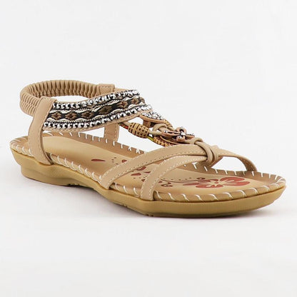 Stevvex Women butterfly-knot rhinestone sandals with elastic ankle strap beige on Tampa Home & Garden Store