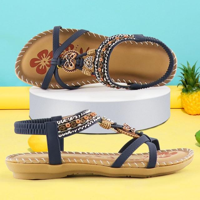 Stevvex women's butterfly-knot rhinestone sandals with elastic strap, navy braided straps on Tampa Home & Garden Store