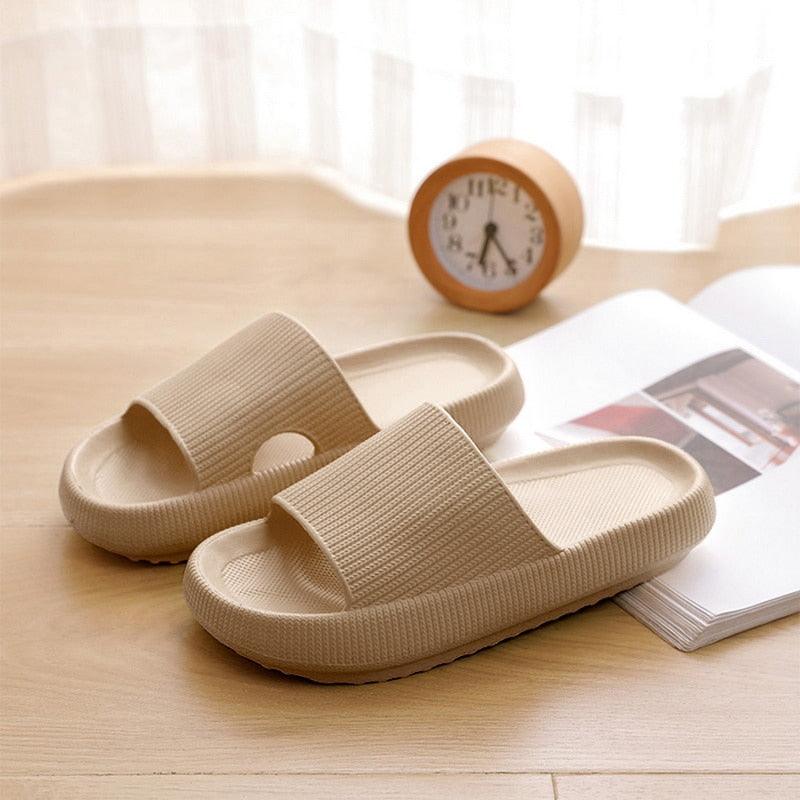 Beige EVA platform slippers with ribbed strap, open toe, indoor/outdoor slides (1 pair) on Tampa Home & Garden Store