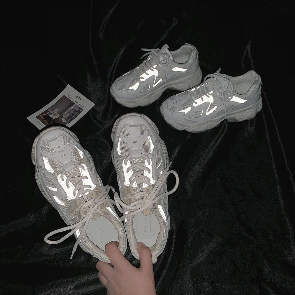 Stevvex women's mesh chunky sneakers with thick sole, lace-up, white/gray on dark velvet on Tampa Home & Garden Store