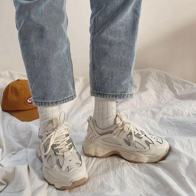 Stevvex women thick mesh chunky sneakers, cream-white lace-up pair with chunky sole on Tampa Home & Garden Store