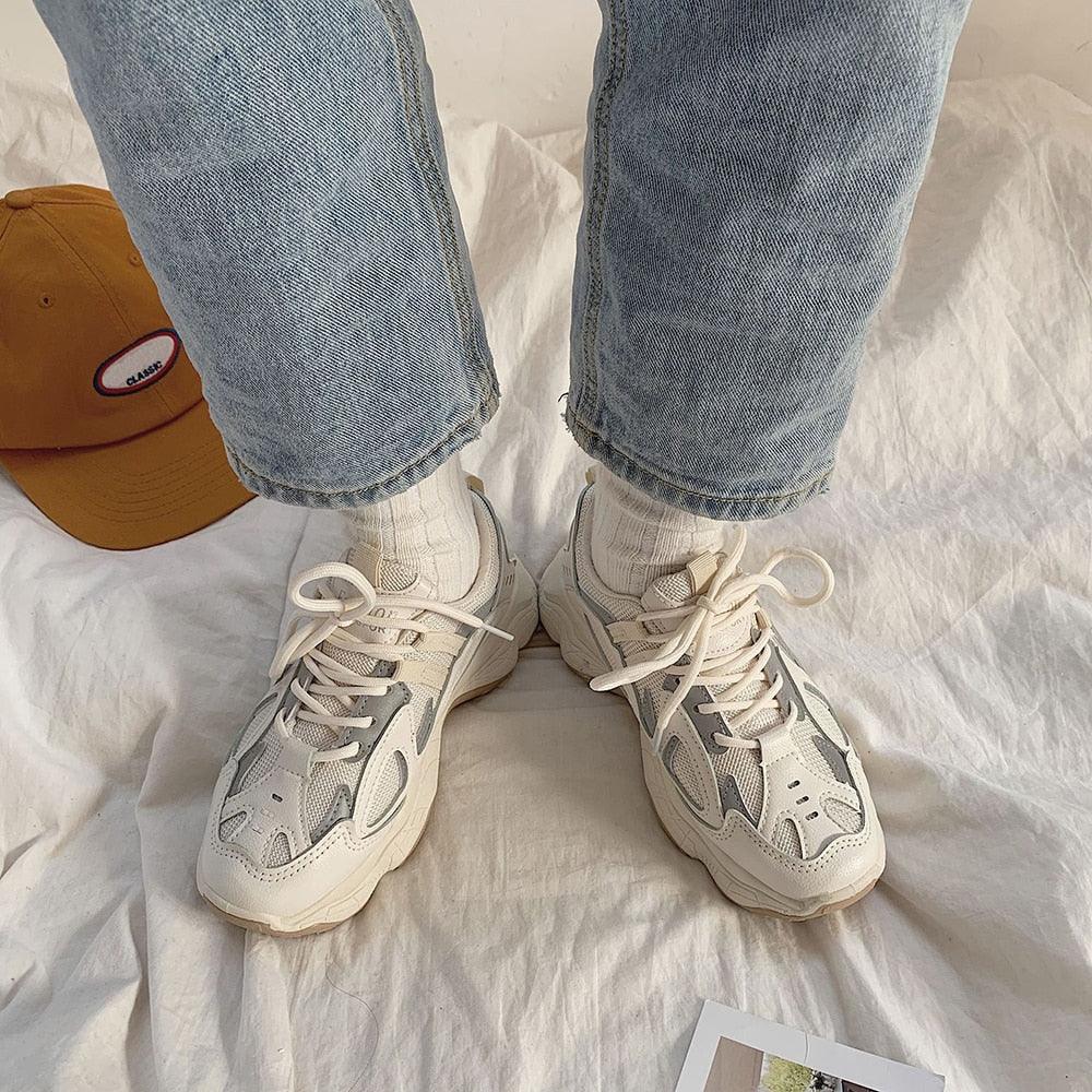 Women thick mesh chunky sneakers by Stevvex with reflective panels, white platform lace-ups on Tampa Home & Garden Store