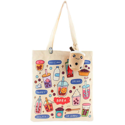 Cream Boba Tote Bag with a Keychain and Pin