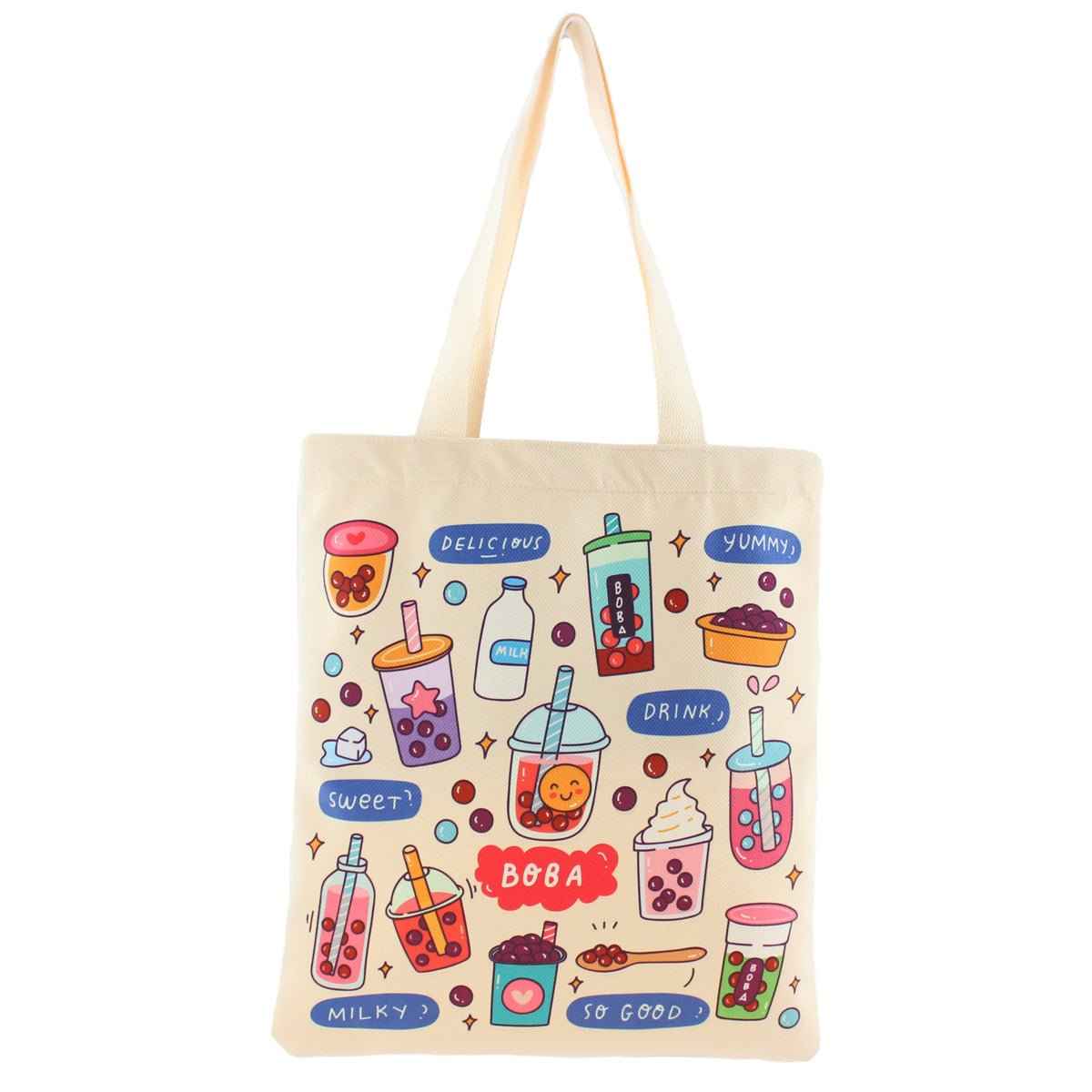 Cream Boba Tote Bag with a Keychain and Pin