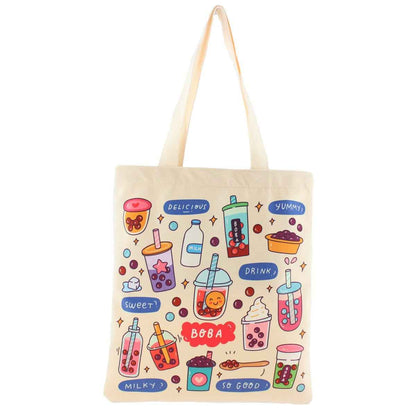 Cream Boba Tote Bag with a Keychain and Pin