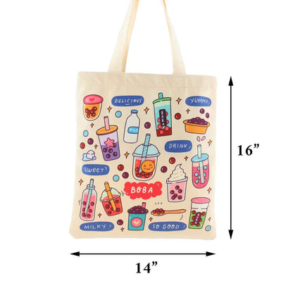 Cream Boba Tote Bag with a Keychain and Pin