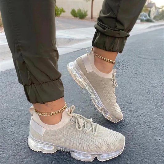 Stevvex women's beige knit sneakers with a clear air-cushion outsole on Tampa Home & Garden Store