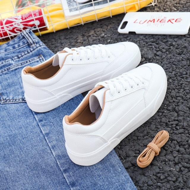 Stevvex women's white platform sneakers pair with tan lining for casual business look on Tampa Home & Garden Store