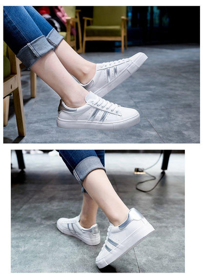 Women white casual sneakers with silver accents, lace-up Stevvex on Tampa Home & Garden Store
